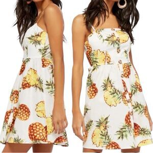 Forever 21 Sun Dress Size M Fit Flare Tropical Pineapple White Yellow Sleeveless